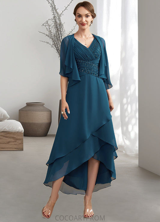 Cassidy A-Line V-neck Asymmetrical Chiffon Mother of the Bride Dress With Ruffle Beading Sequins DA8126P0014671