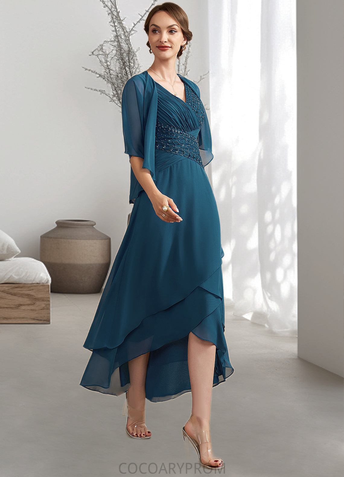 Cassidy A-Line V-neck Asymmetrical Chiffon Mother of the Bride Dress With Ruffle Beading Sequins DA8126P0014671