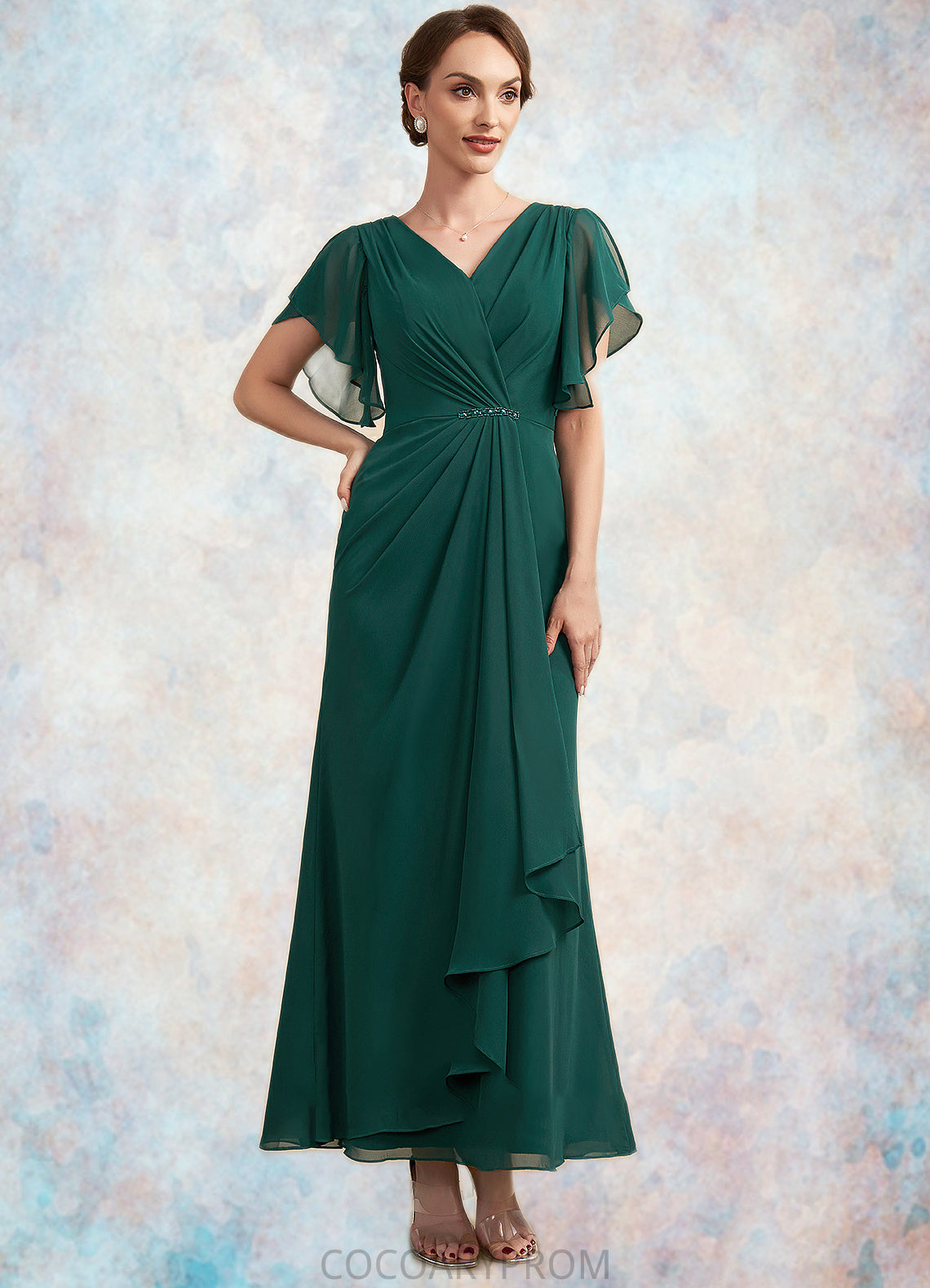 Brittany A-Line V-neck Ankle-Length Chiffon Mother of the Bride Dress With Ruffle Beading Sequins DA8126P0014672