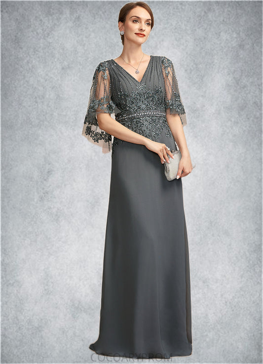 Elise A-Line V-neck Floor-Length Chiffon Lace Mother of the Bride Dress With Beading Sequins DA8126P0014674