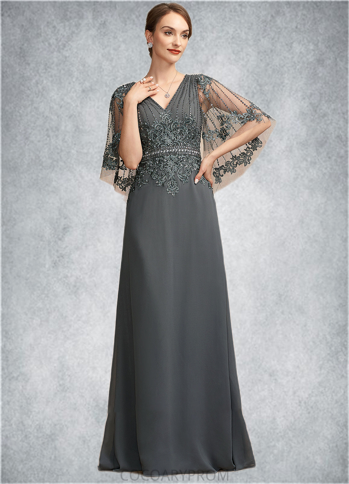 Elise A-Line V-neck Floor-Length Chiffon Lace Mother of the Bride Dress With Beading Sequins DA8126P0014674