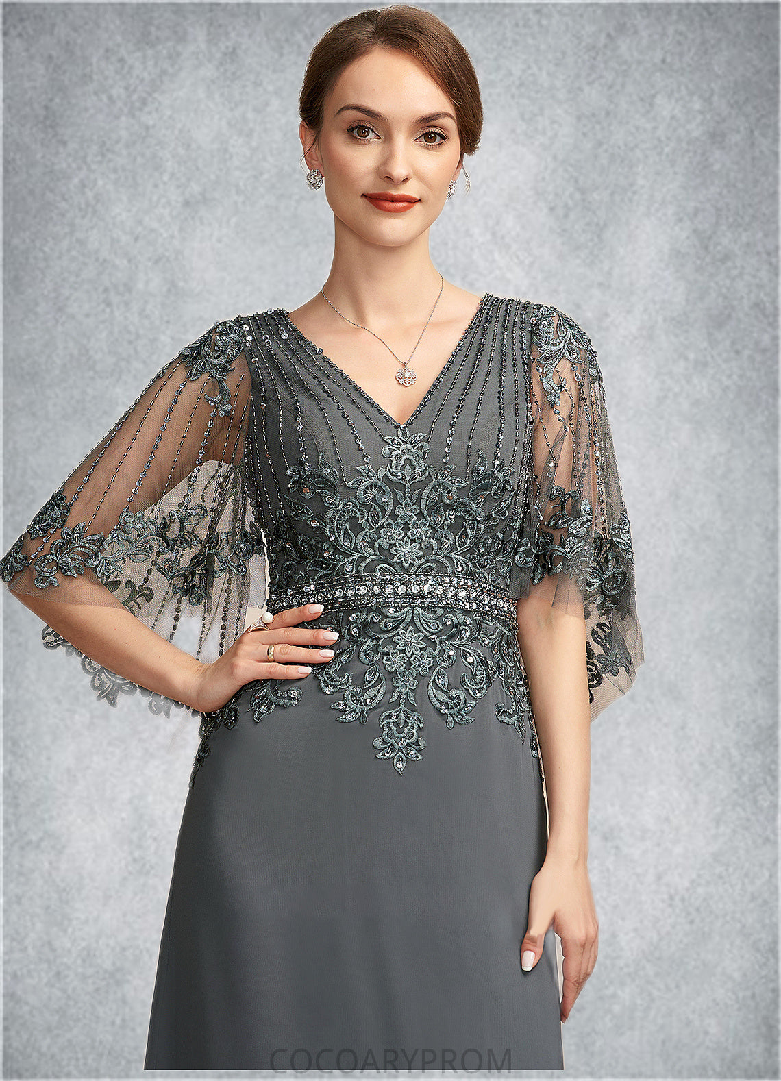 Elise A-Line V-neck Floor-Length Chiffon Lace Mother of the Bride Dress With Beading Sequins DA8126P0014674