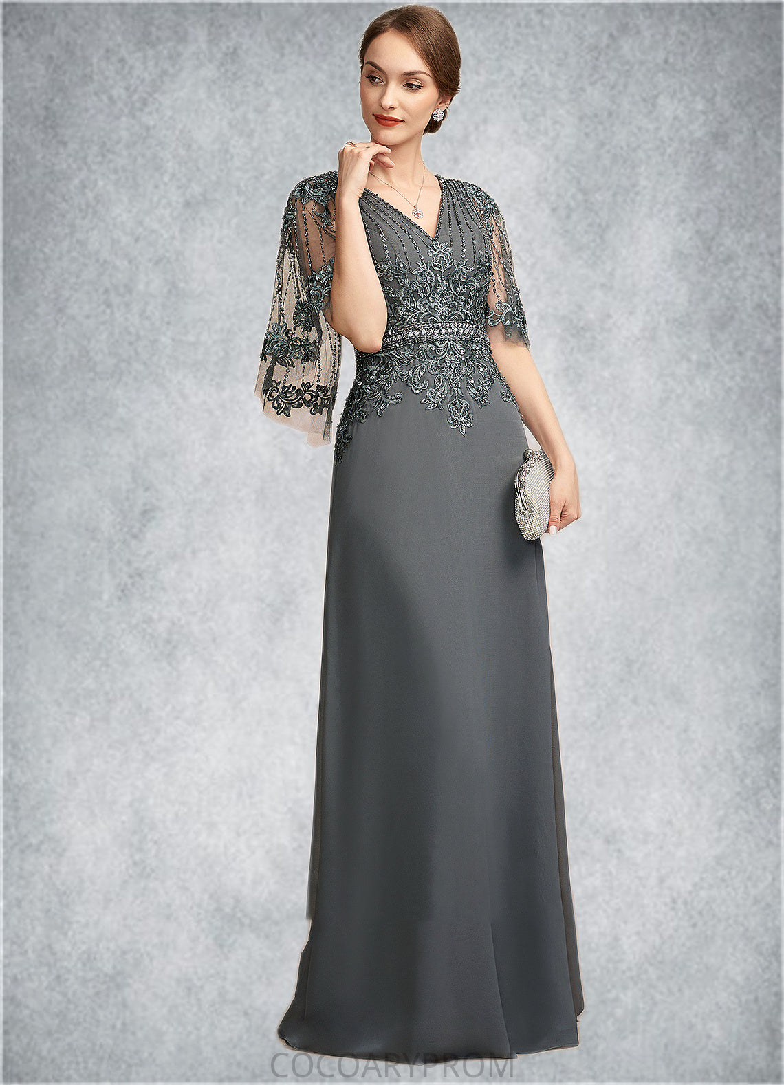 Elise A-Line V-neck Floor-Length Chiffon Lace Mother of the Bride Dress With Beading Sequins DA8126P0014674