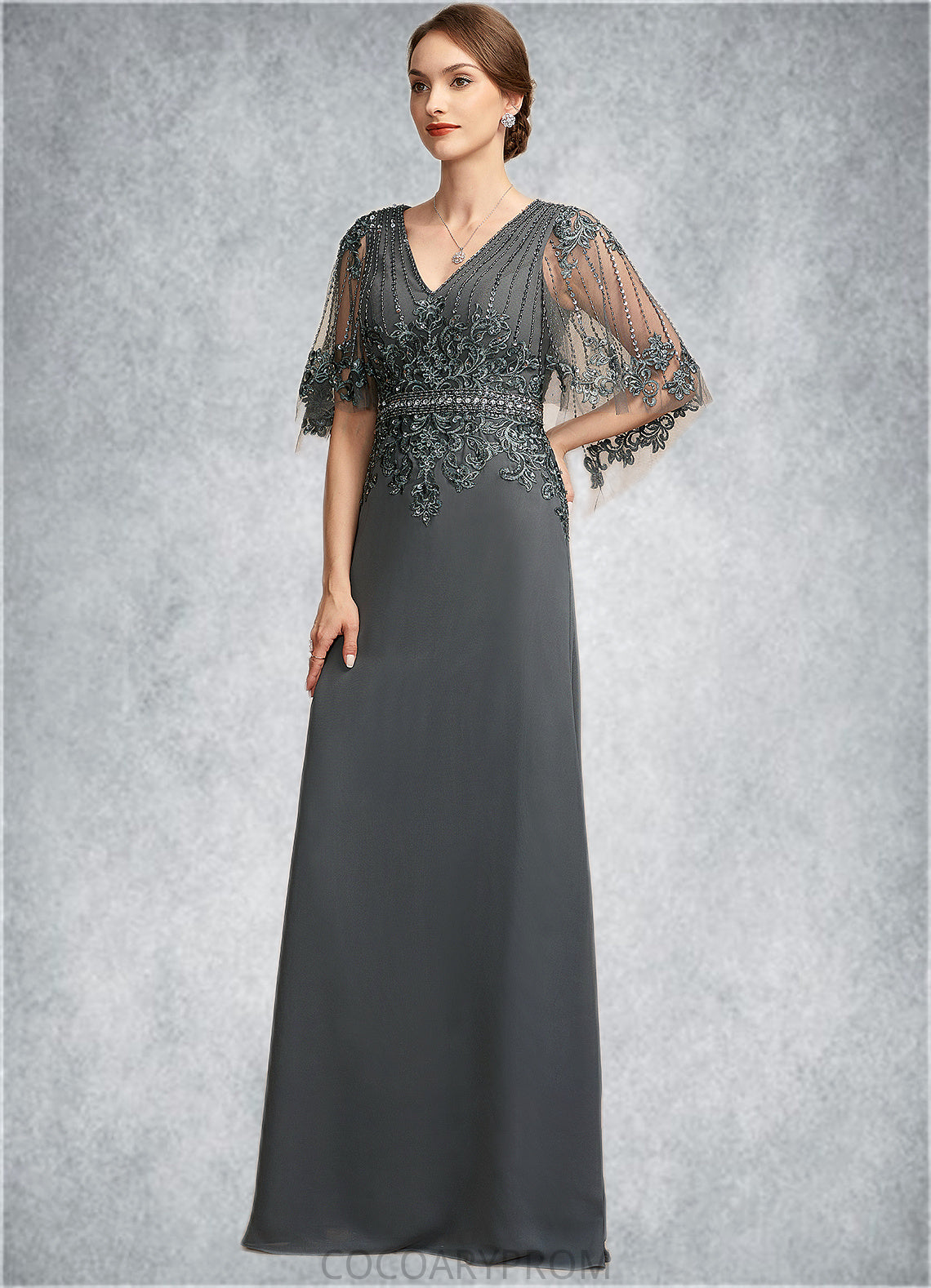 Elise A-Line V-neck Floor-Length Chiffon Lace Mother of the Bride Dress With Beading Sequins DA8126P0014674