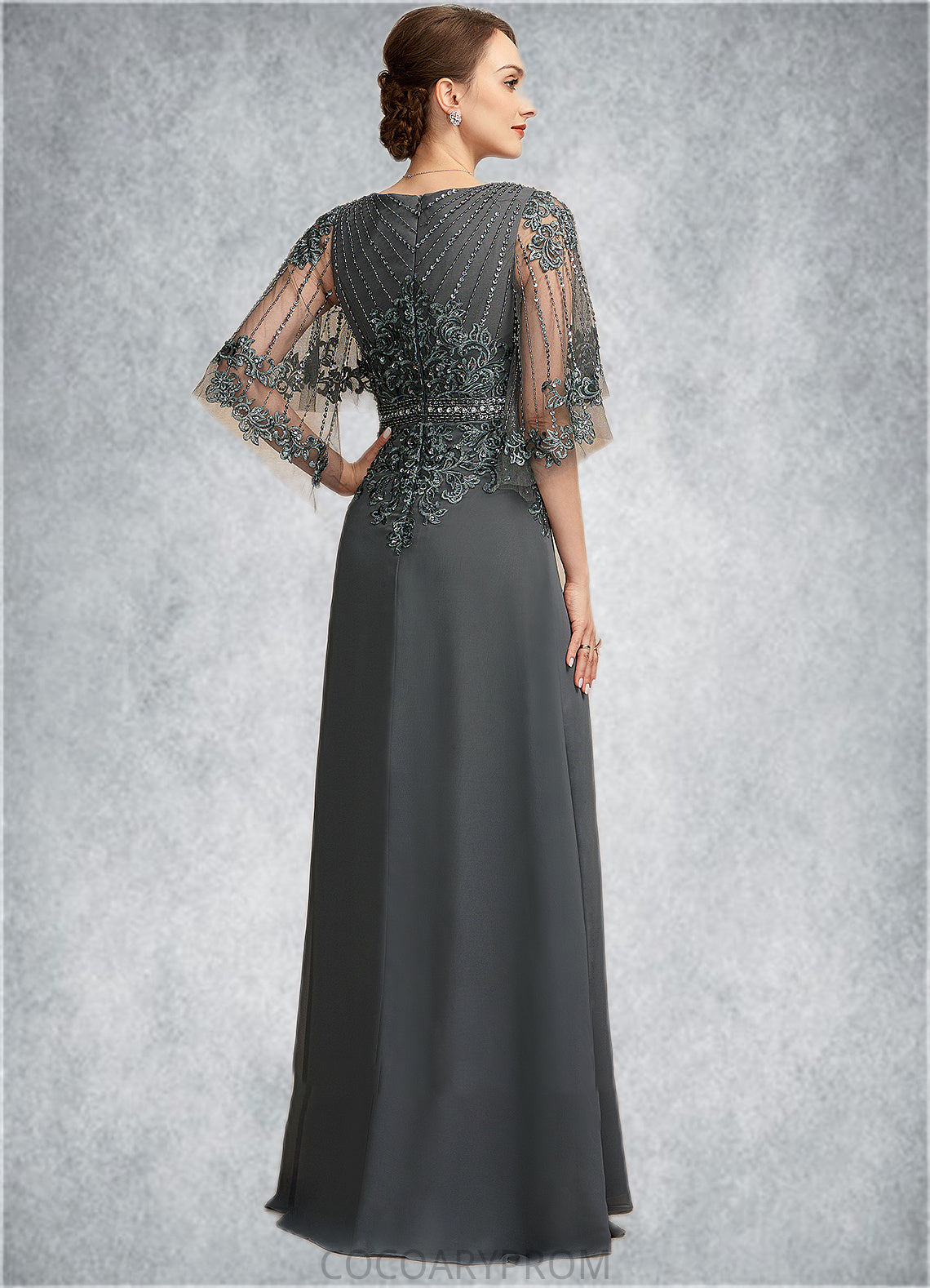 Elise A-Line V-neck Floor-Length Chiffon Lace Mother of the Bride Dress With Beading Sequins DA8126P0014674