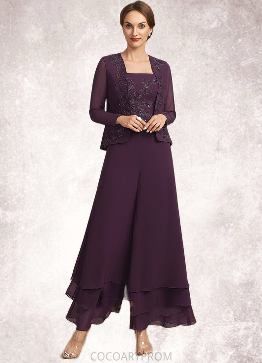 Raven Jumpsuit/Pantsuit Square Neckline Ankle-Length Chiffon Lace Mother of the Bride Dress With Sequins DA8126P0014676