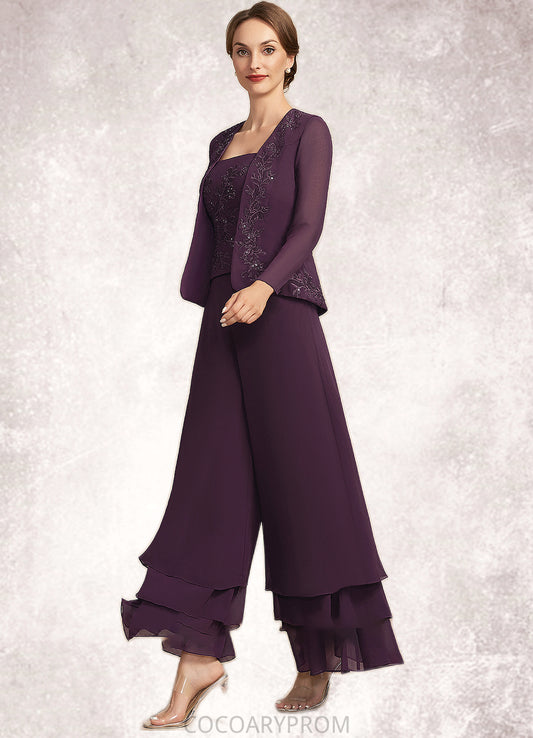 Raven Jumpsuit/Pantsuit Square Neckline Ankle-Length Chiffon Lace Mother of the Bride Dress With Sequins DA8126P0014676