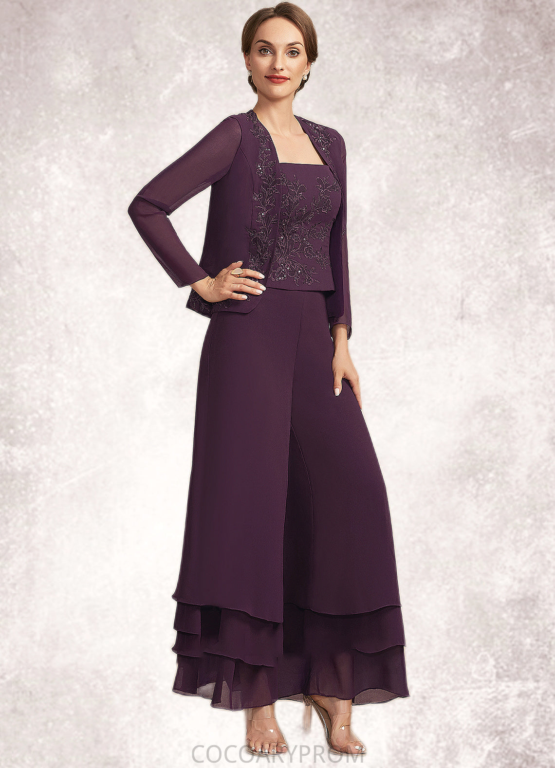 Raven Jumpsuit/Pantsuit Square Neckline Ankle-Length Chiffon Lace Mother of the Bride Dress With Sequins DA8126P0014676