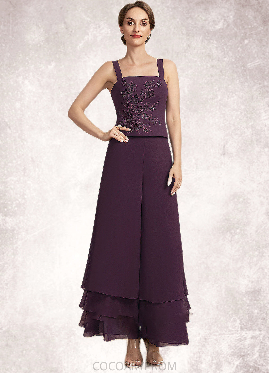 Raven Jumpsuit/Pantsuit Square Neckline Ankle-Length Chiffon Lace Mother of the Bride Dress With Sequins DA8126P0014676