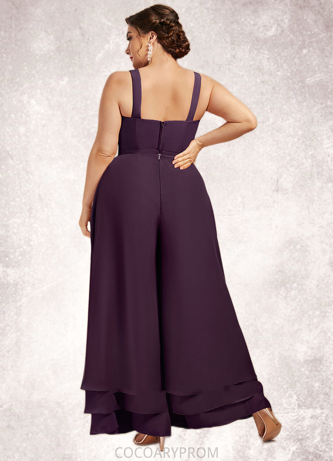 Raven Jumpsuit/Pantsuit Square Neckline Ankle-Length Chiffon Lace Mother of the Bride Dress With Sequins DA8126P0014676