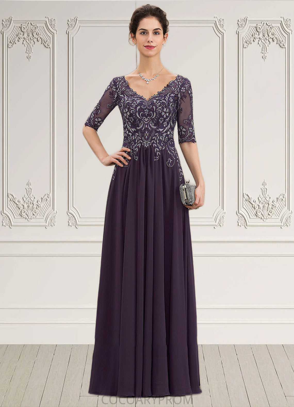 Thirza A-Line V-neck Floor-Length Chiffon Lace Mother of the Bride Dress DA8126P0014678