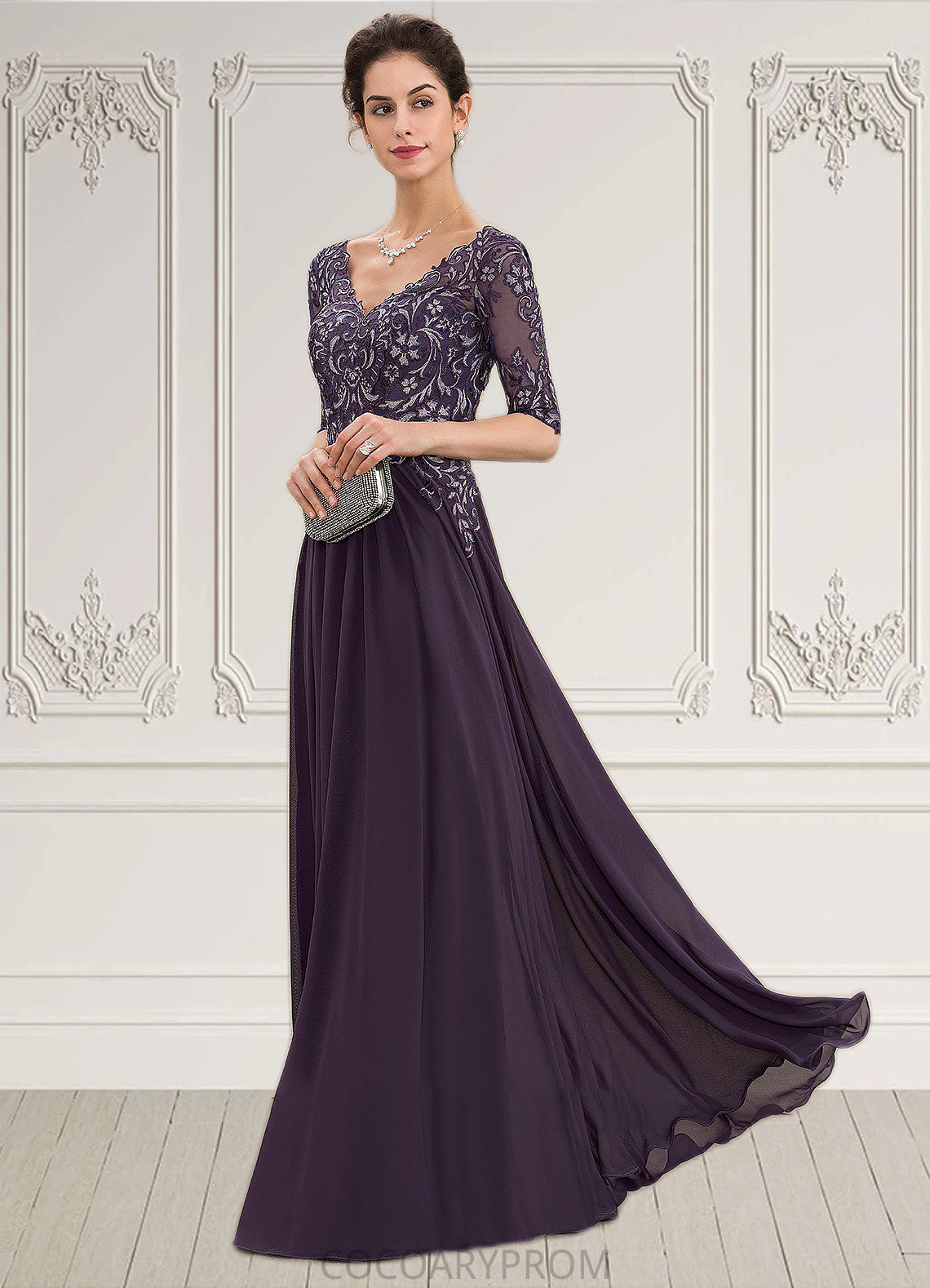 Thirza A-Line V-neck Floor-Length Chiffon Lace Mother of the Bride Dress DA8126P0014678