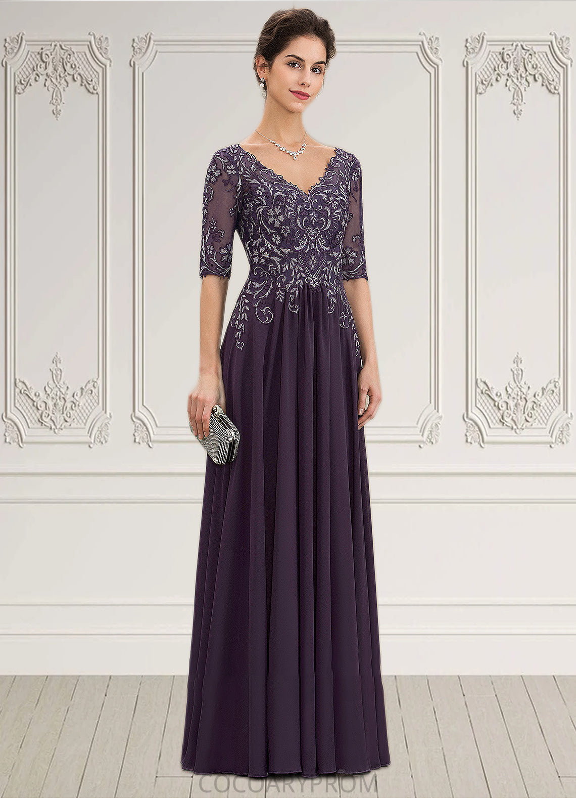 Thirza A-Line V-neck Floor-Length Chiffon Lace Mother of the Bride Dress DA8126P0014678