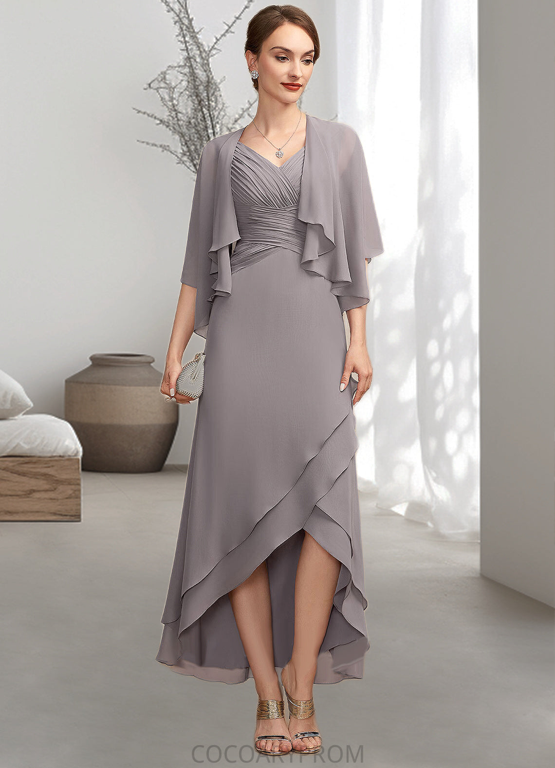 Ingrid A-Line V-neck Asymmetrical Chiffon Mother of the Bride Dress With Ruffle DA8126P0014682