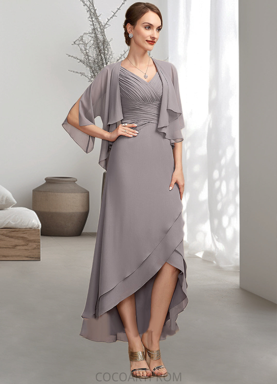 Ingrid A-Line V-neck Asymmetrical Chiffon Mother of the Bride Dress With Ruffle DA8126P0014682