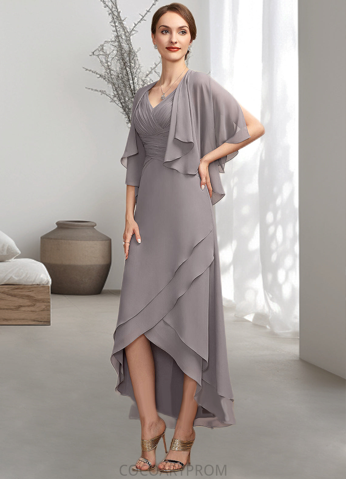 Ingrid A-Line V-neck Asymmetrical Chiffon Mother of the Bride Dress With Ruffle DA8126P0014682