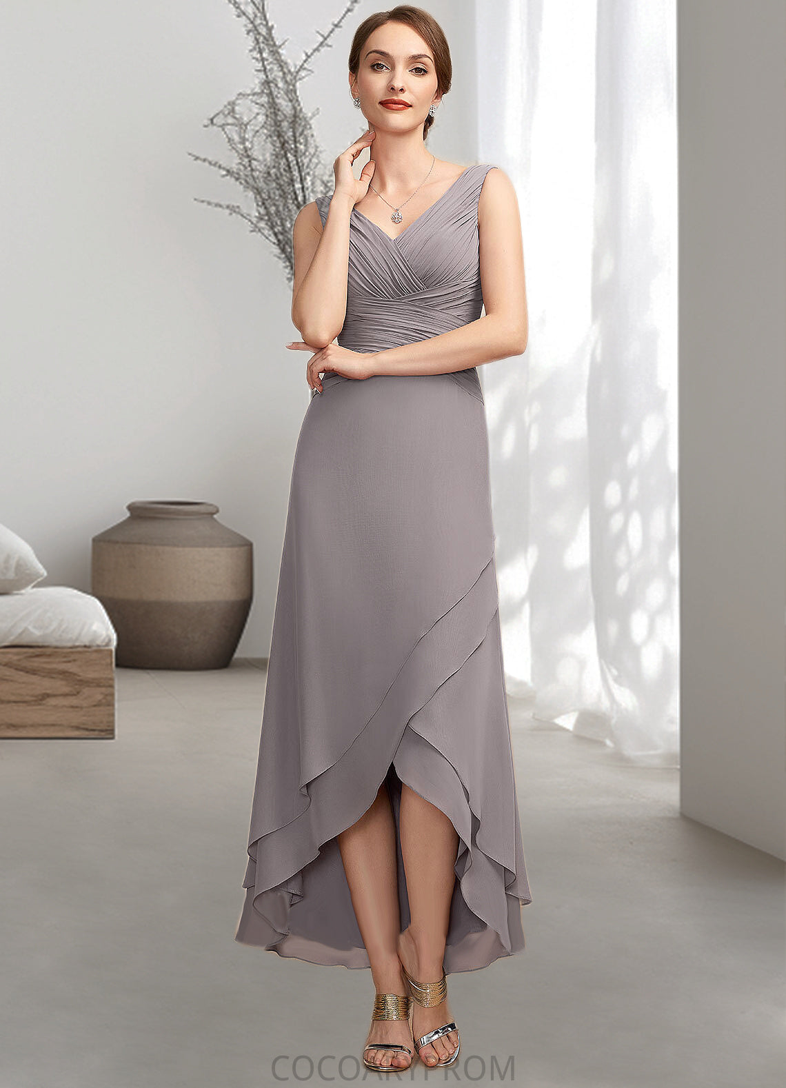 Ingrid A-Line V-neck Asymmetrical Chiffon Mother of the Bride Dress With Ruffle DA8126P0014682