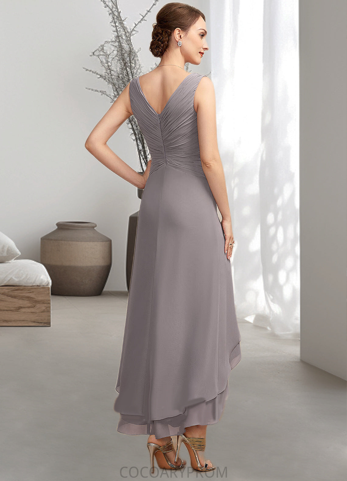 Ingrid A-Line V-neck Asymmetrical Chiffon Mother of the Bride Dress With Ruffle DA8126P0014682