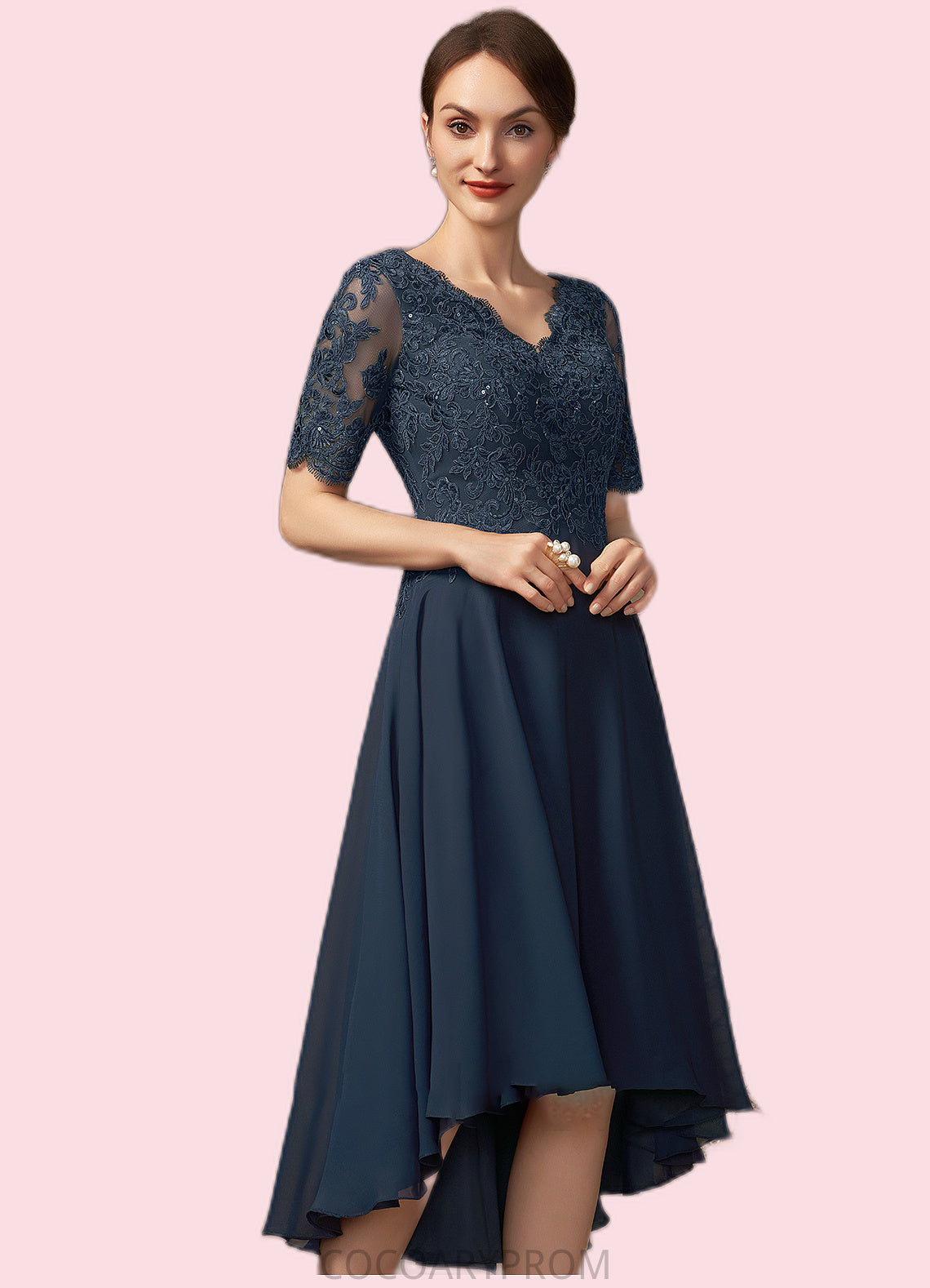 Cecilia A-line V-Neck Asymmetrical Chiffon Lace Mother of the Bride Dress With Sequins DA8126P0014686