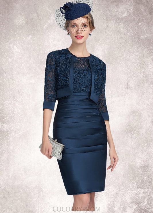 Bella Sheath/Column Scoop Neck Knee-Length Satin Lace Mother of the Bride Dress With Ruffle DA8126P0014693