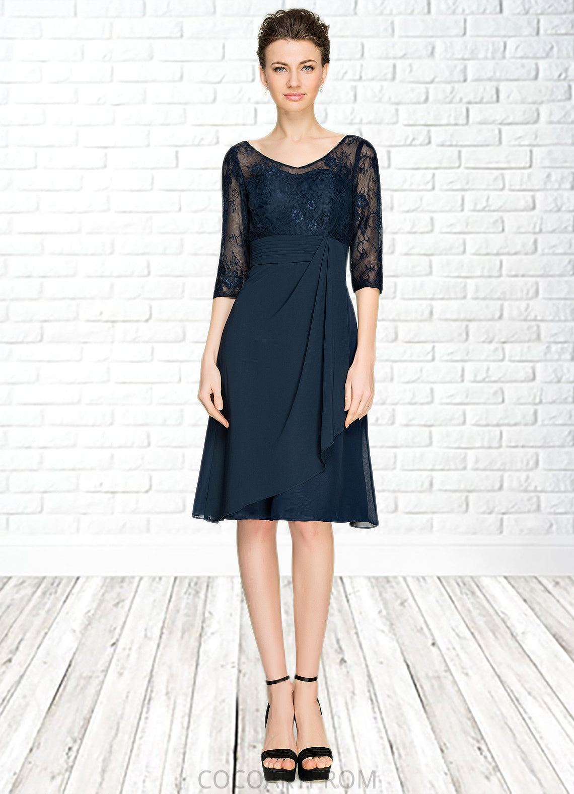 Carly A-Line V-neck Knee-Length Chiffon Lace Mother of the Bride Dress With Cascading Ruffles DA8126P0014695