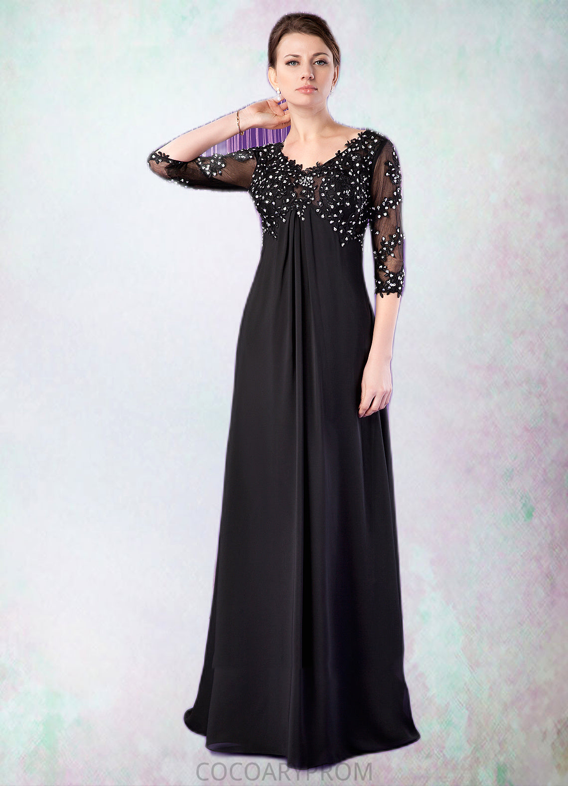 Arielle Empire V-neck Sweep Train Chiffon Mother of the Bride Dress With Lace Beading DA8126P0014697