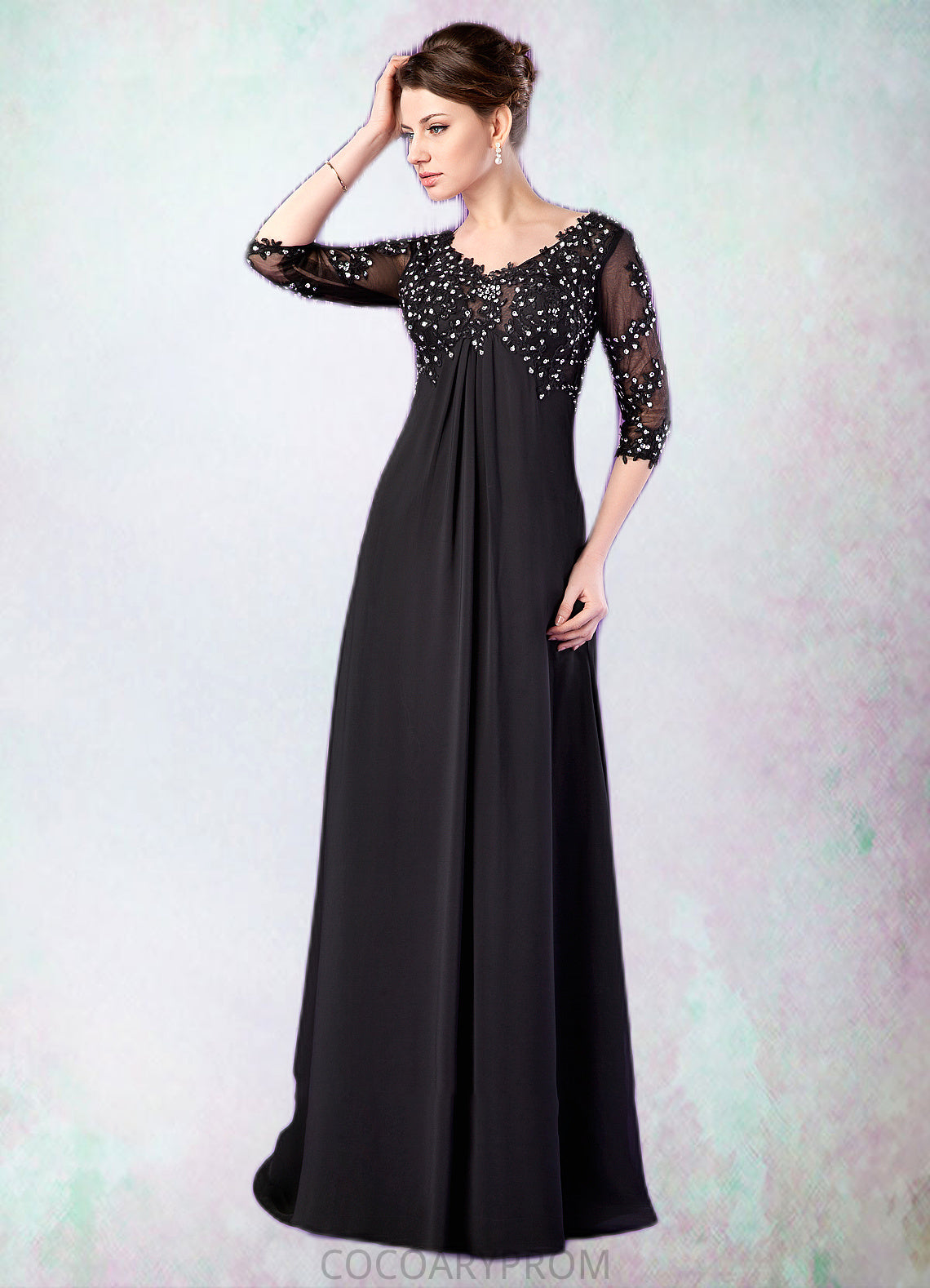 Arielle Empire V-neck Sweep Train Chiffon Mother of the Bride Dress With Lace Beading DA8126P0014697