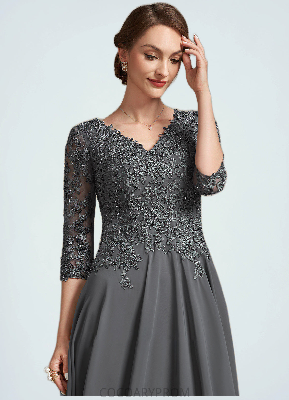 Jacey A-line V-Neck Tea-Length Chiffon Lace Mother of the Bride Dress With Beading Sequins DA8126P0014702