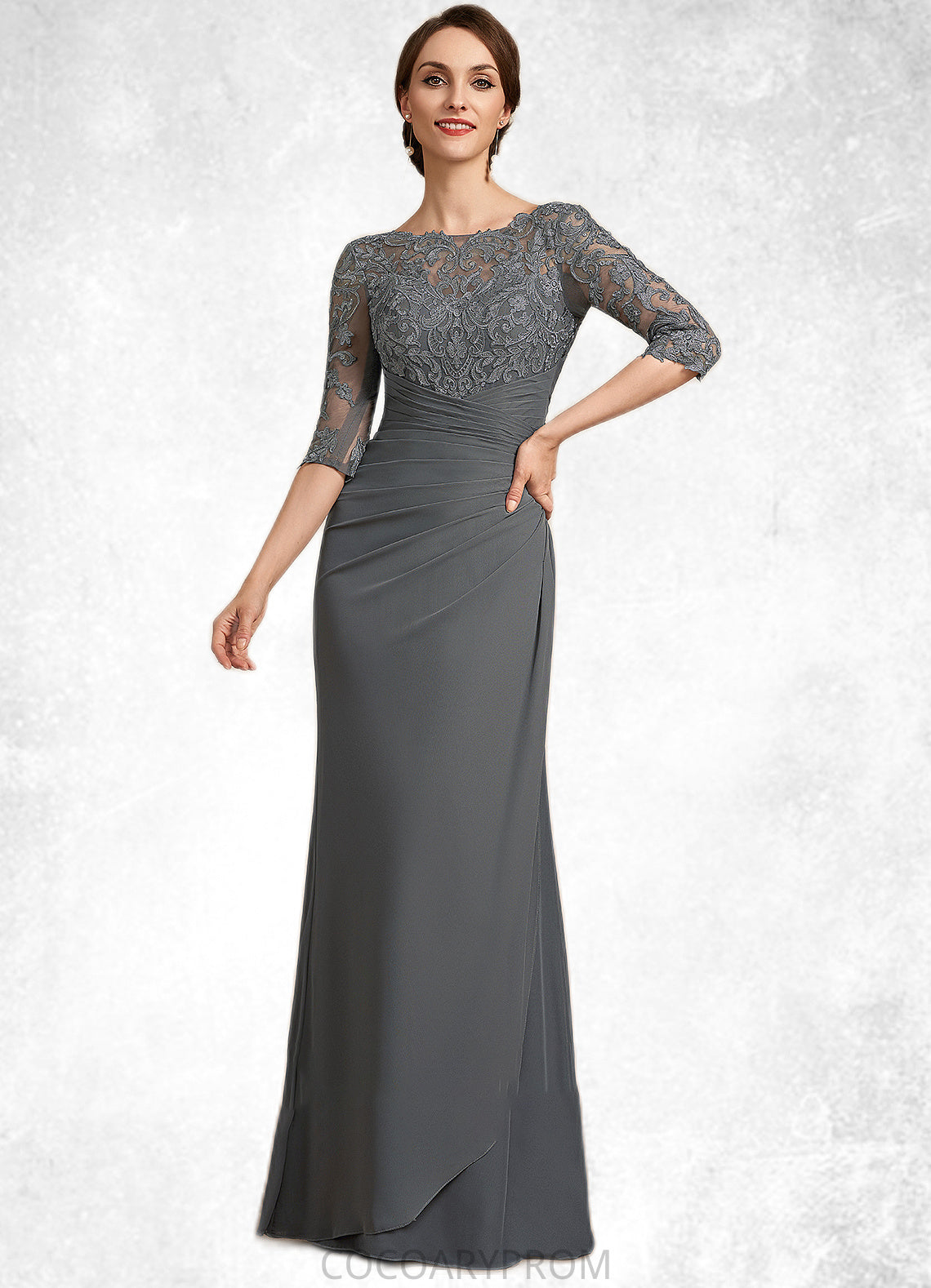 Caylee Sheath/Column Scoop Neck Floor-Length Chiffon Lace Mother of the Bride Dress With Ruffle DA8126P0014703