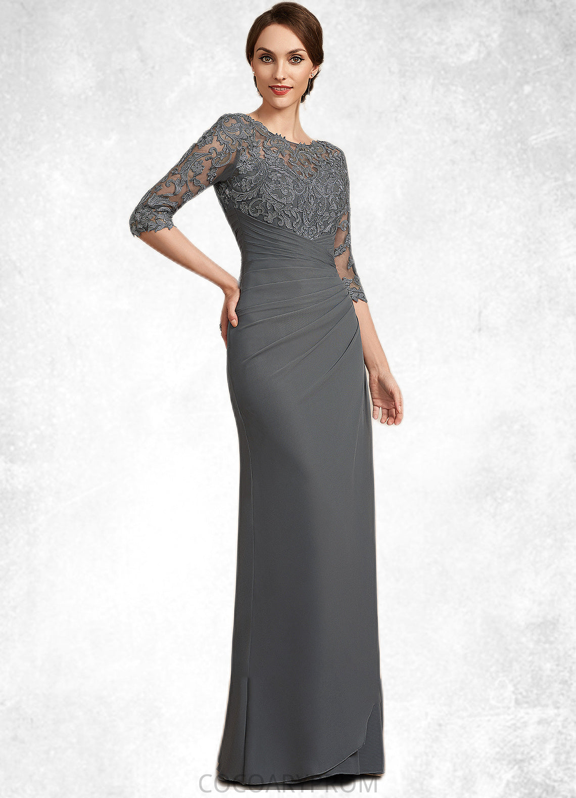 Caylee Sheath/Column Scoop Neck Floor-Length Chiffon Lace Mother of the Bride Dress With Ruffle DA8126P0014703