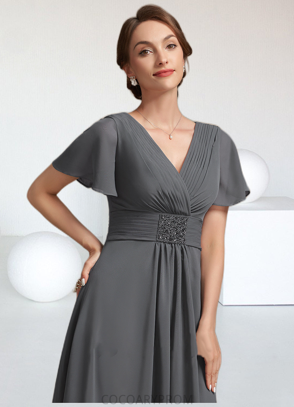 Willow A-Line V-neck Ankle-Length Chiffon Mother of the Bride Dress With Ruffle Beading DA8126P0014709