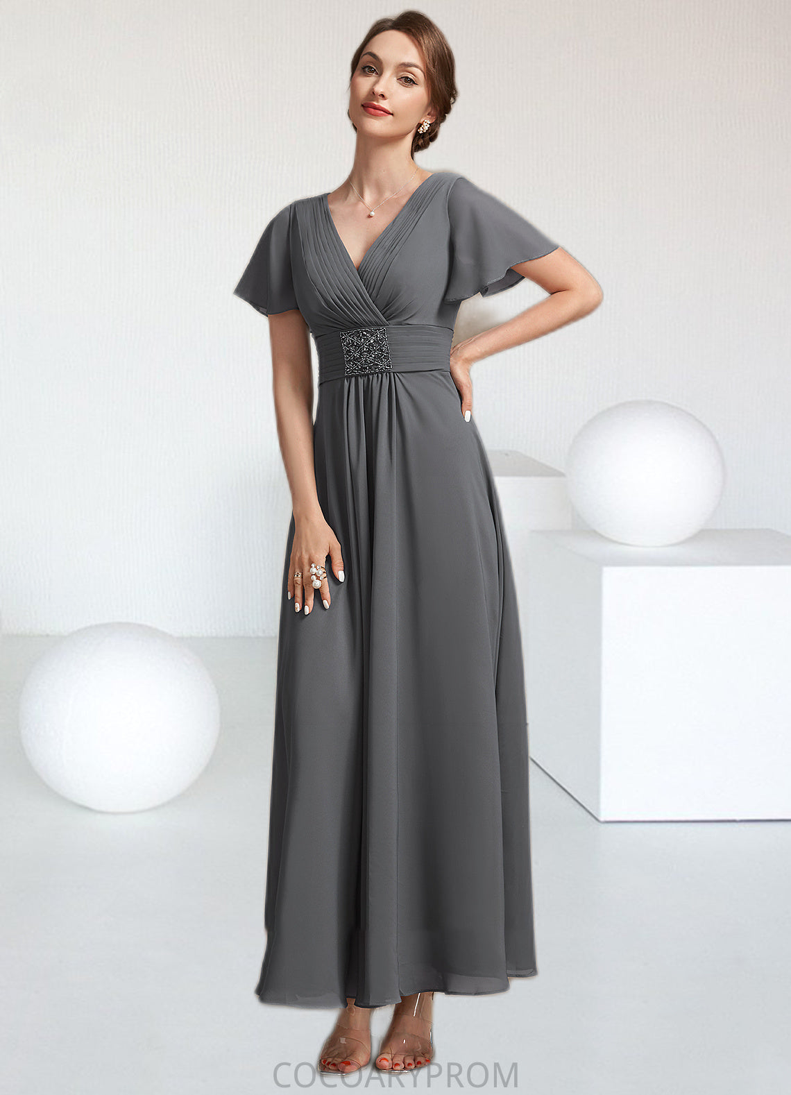 Willow A-Line V-neck Ankle-Length Chiffon Mother of the Bride Dress With Ruffle Beading DA8126P0014709