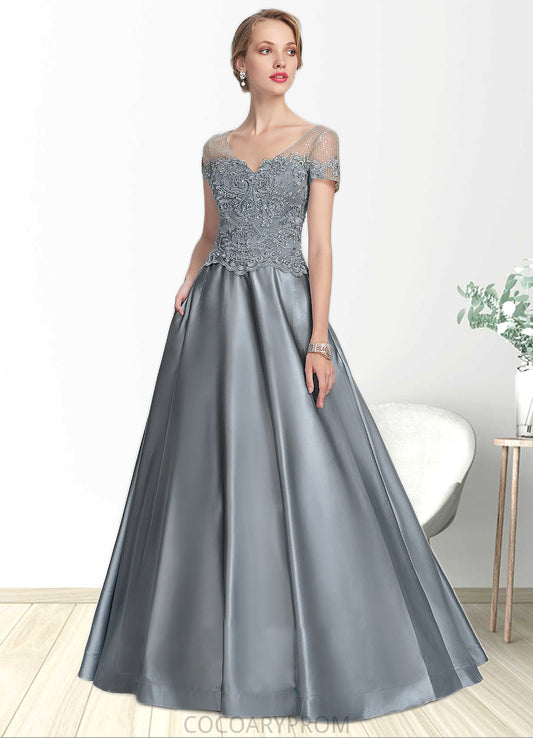 Vivian A-Line V-neck Floor-Length Satin Lace Mother of the Bride Dress With Beading Sequins DA8126P0014730