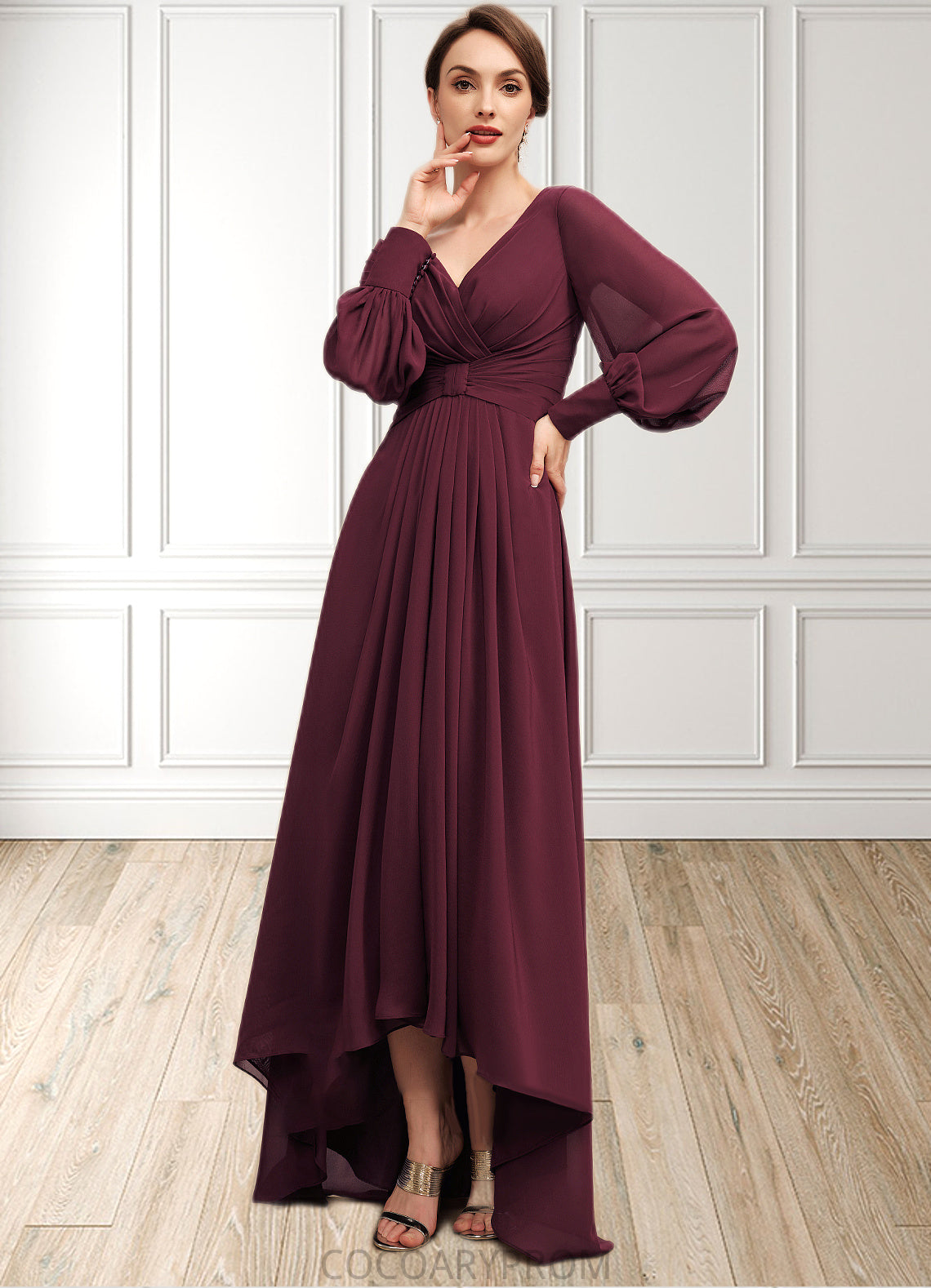 Luna A-Line V-neck Asymmetrical Chiffon Mother of the Bride Dress With Ruffle DA8126P0014732