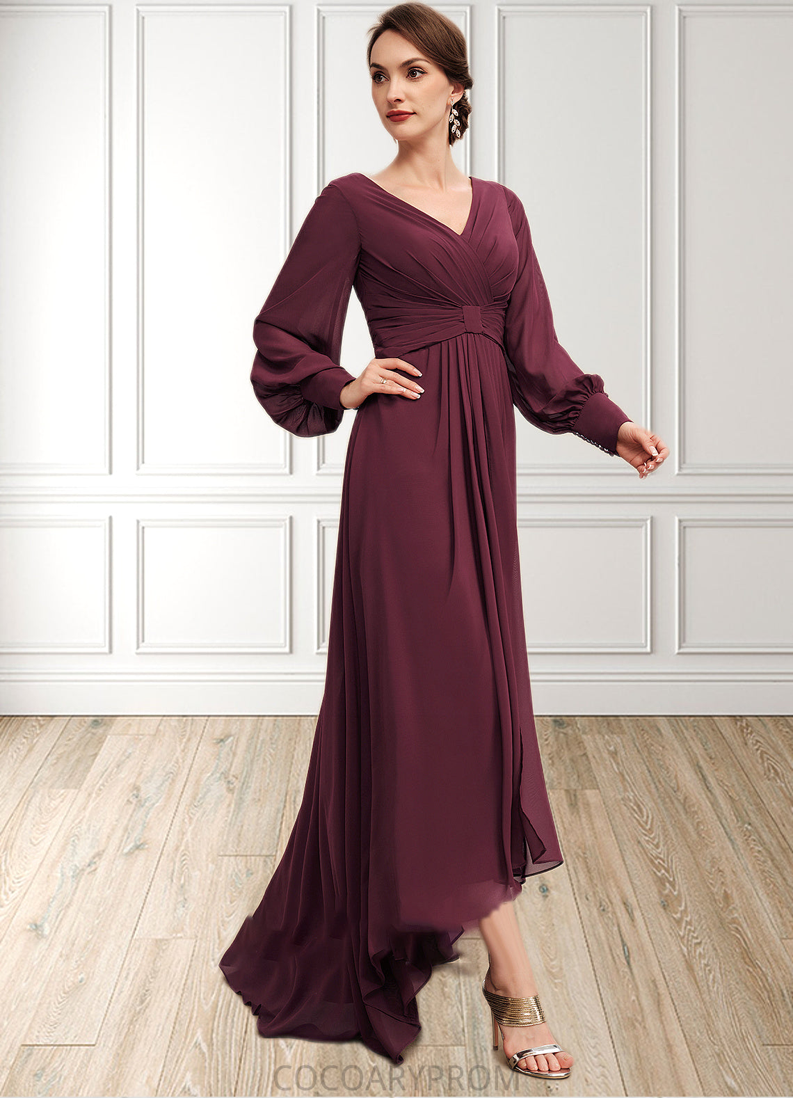 Luna A-Line V-neck Asymmetrical Chiffon Mother of the Bride Dress With Ruffle DA8126P0014732