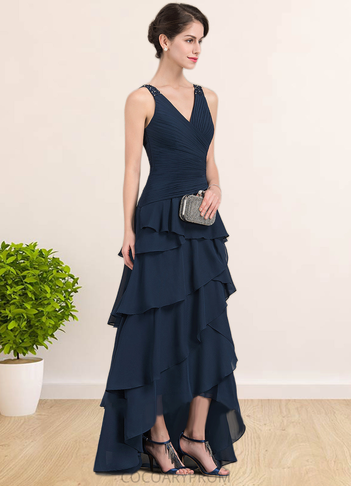 Sofia A-Line V-neck Asymmetrical Chiffon Mother of the Bride Dress With Beading Sequins Cascading Ruffles DA8126P0014733