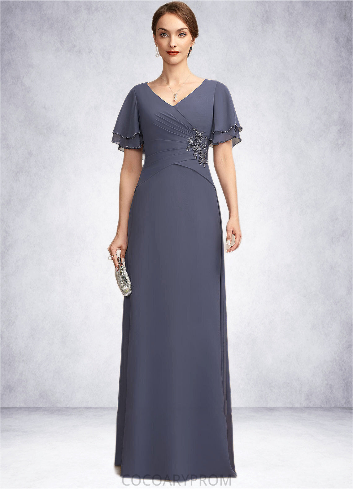 Thirza A-Line V-neck Floor-Length Chiffon Mother of the Bride Dress With Ruffle Beading DA8126P0014737