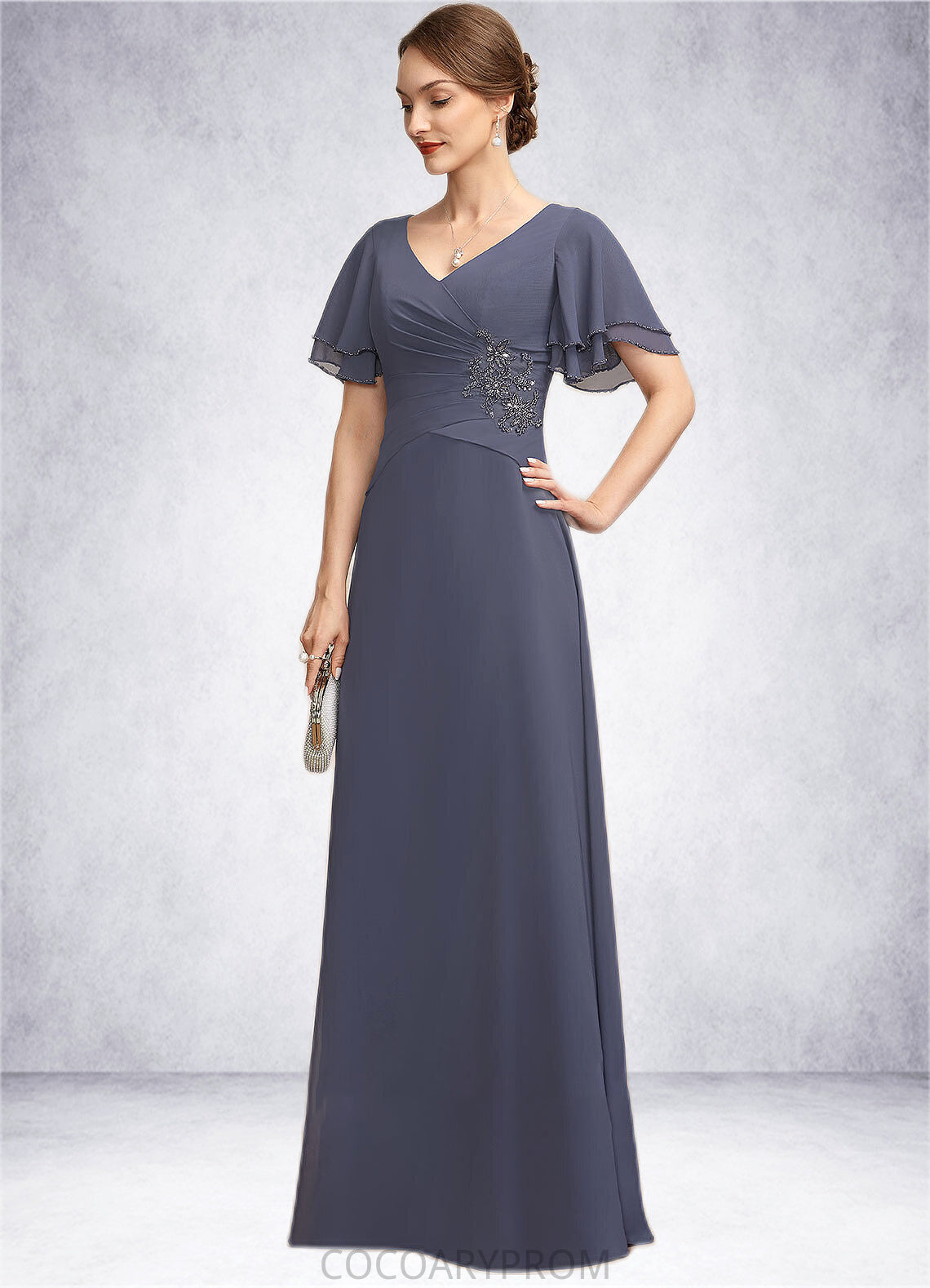 Thirza A-Line V-neck Floor-Length Chiffon Mother of the Bride Dress With Ruffle Beading DA8126P0014737