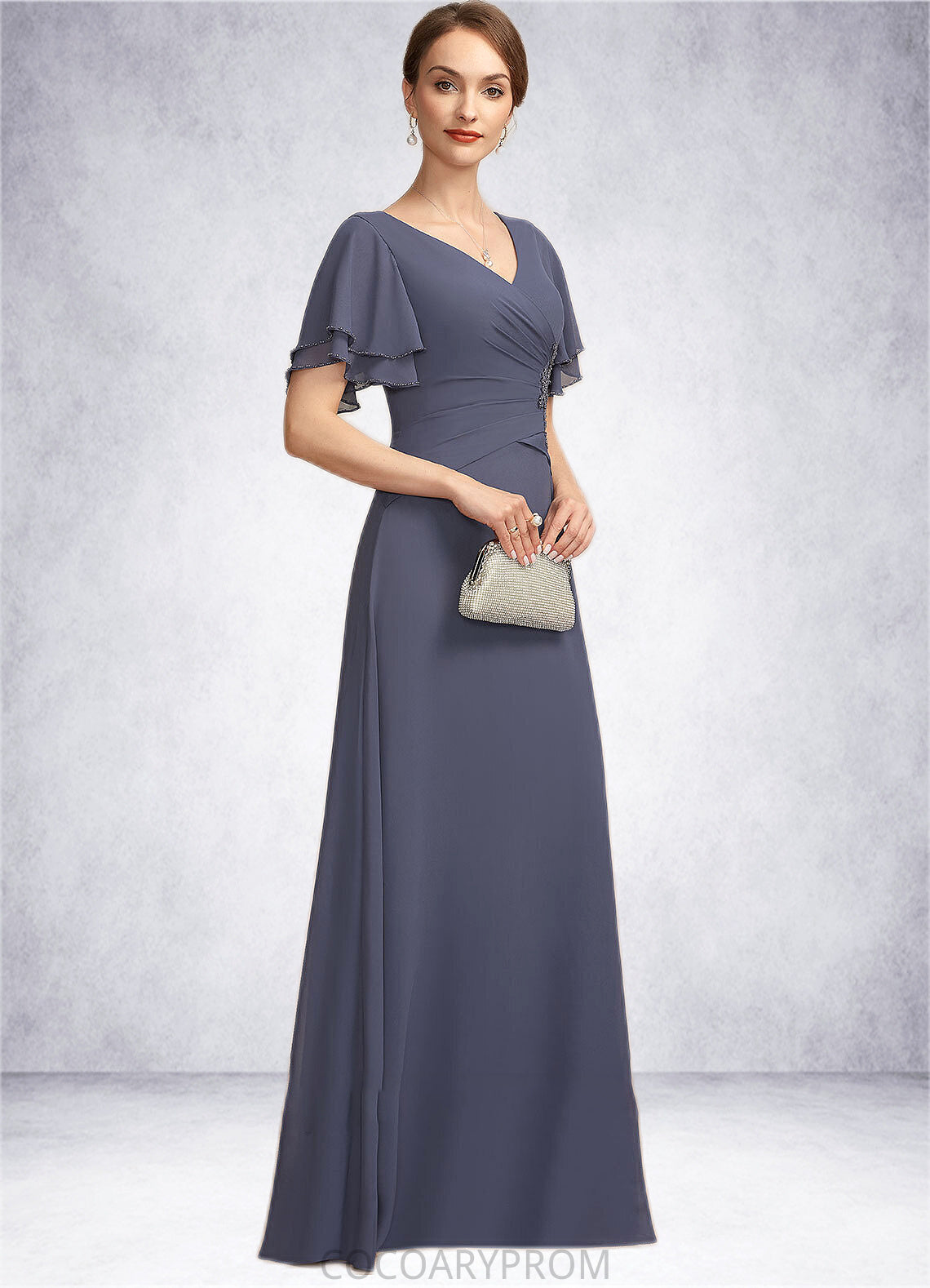 Thirza A-Line V-neck Floor-Length Chiffon Mother of the Bride Dress With Ruffle Beading DA8126P0014737