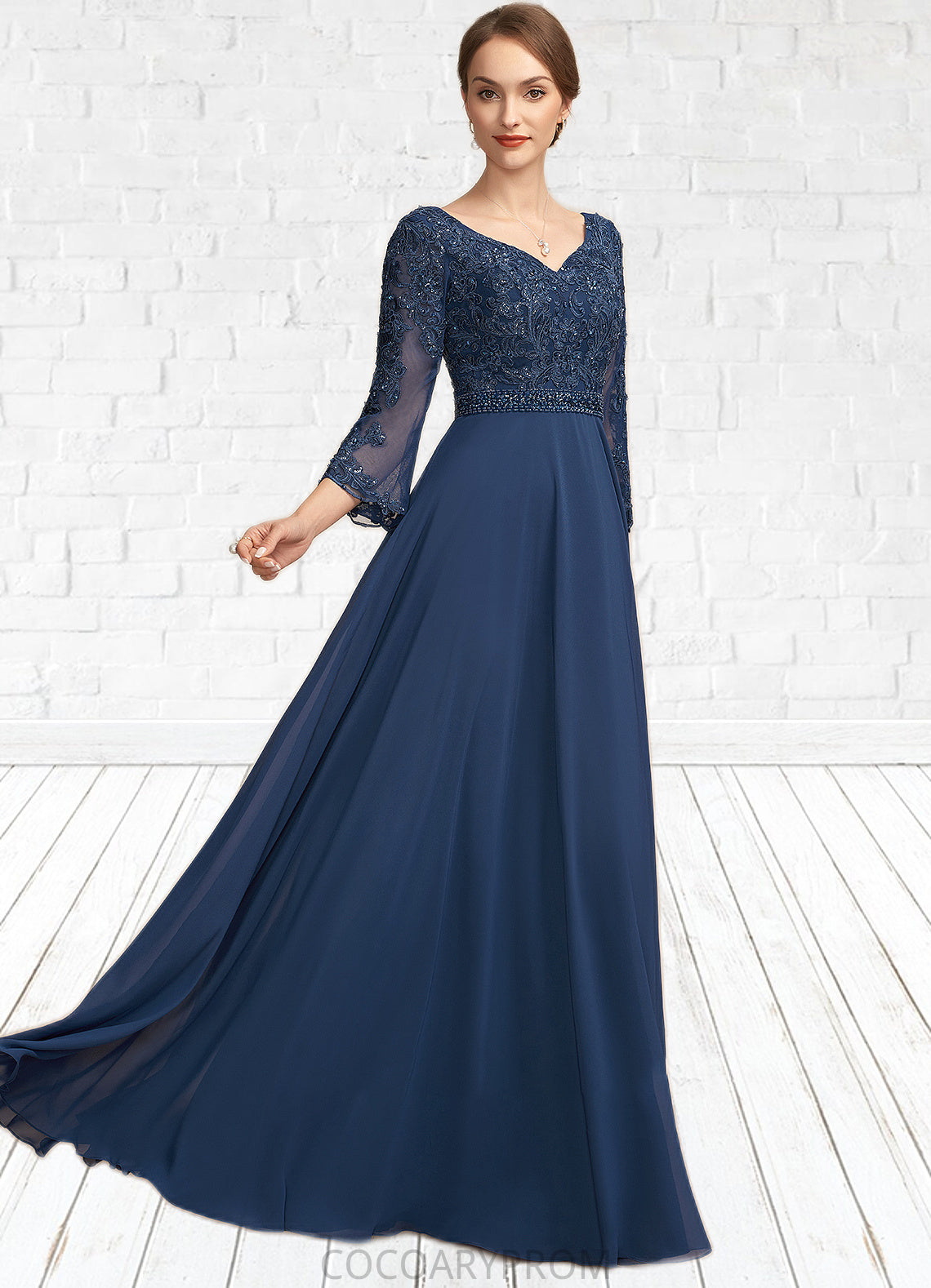 Lizbeth A-Line V-neck Floor-Length Chiffon Lace Mother of the Bride Dress With Beading Sequins DA8126P0014739