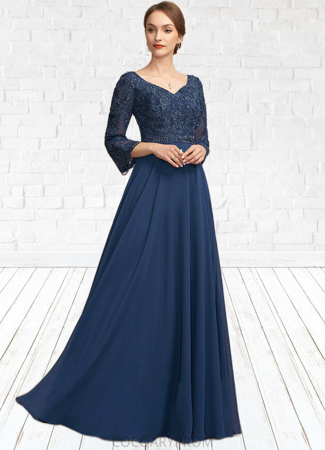 Lizbeth A-Line V-neck Floor-Length Chiffon Lace Mother of the Bride Dress With Beading Sequins DA8126P0014739