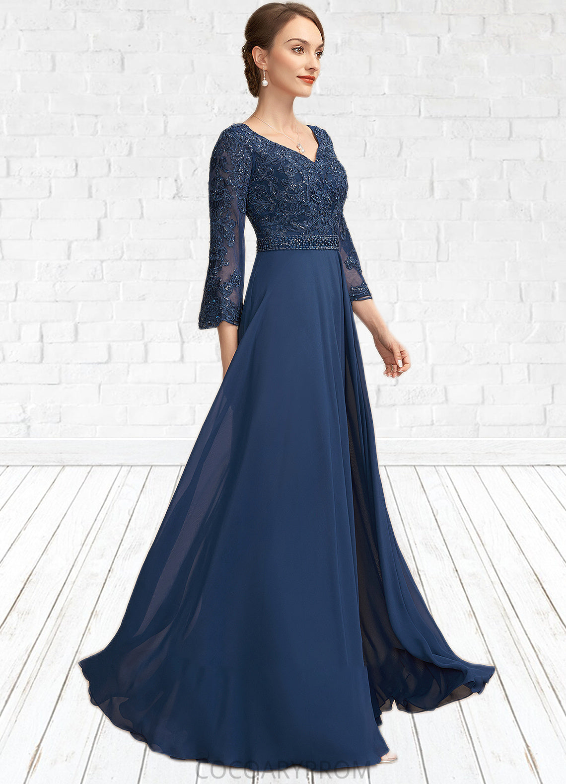 Lizbeth A-Line V-neck Floor-Length Chiffon Lace Mother of the Bride Dress With Beading Sequins DA8126P0014739