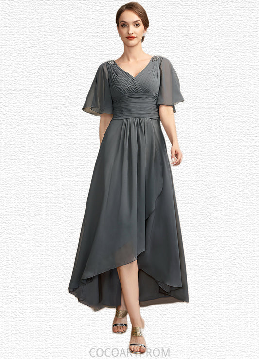 Julia A-Line V-neck Asymmetrical Chiffon Mother of the Bride Dress With Ruffle Beading DA8126P0014744