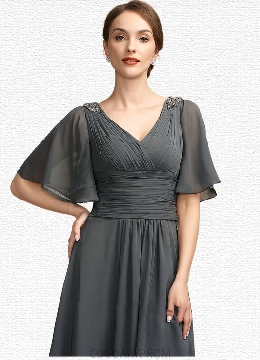 Julia A-Line V-neck Asymmetrical Chiffon Mother of the Bride Dress With Ruffle Beading DA8126P0014744