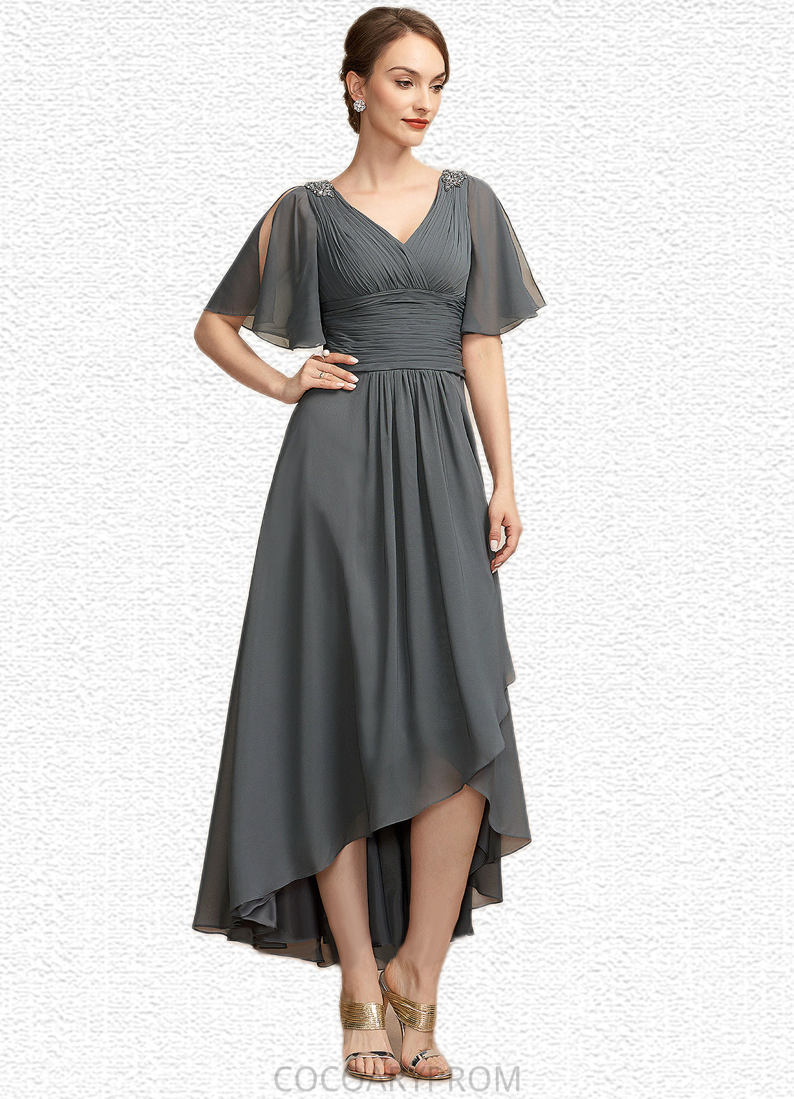 Julia A-Line V-neck Asymmetrical Chiffon Mother of the Bride Dress With Ruffle Beading DA8126P0014744