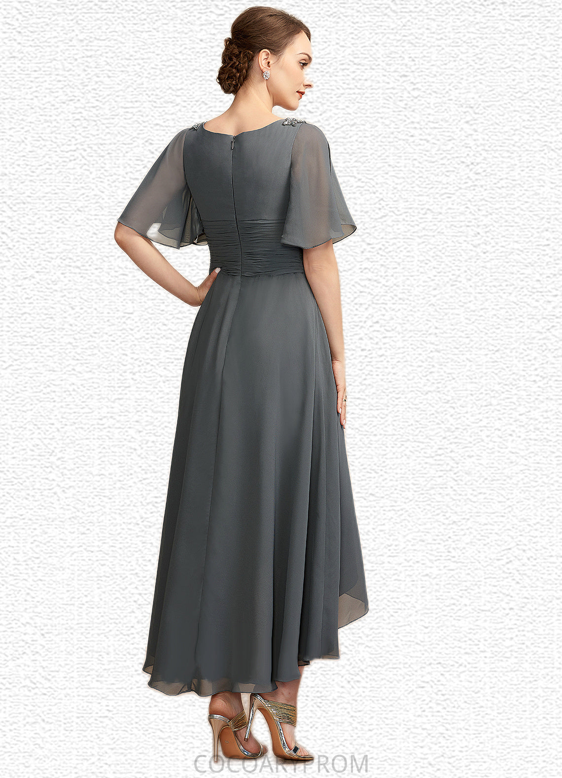 Julia A-Line V-neck Asymmetrical Chiffon Mother of the Bride Dress With Ruffle Beading DA8126P0014744