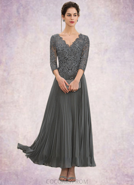 Charlotte A-Line V-neck Ankle-Length Chiffon Lace Mother of the Bride Dress With Sequins Pleated DA8126P0014745