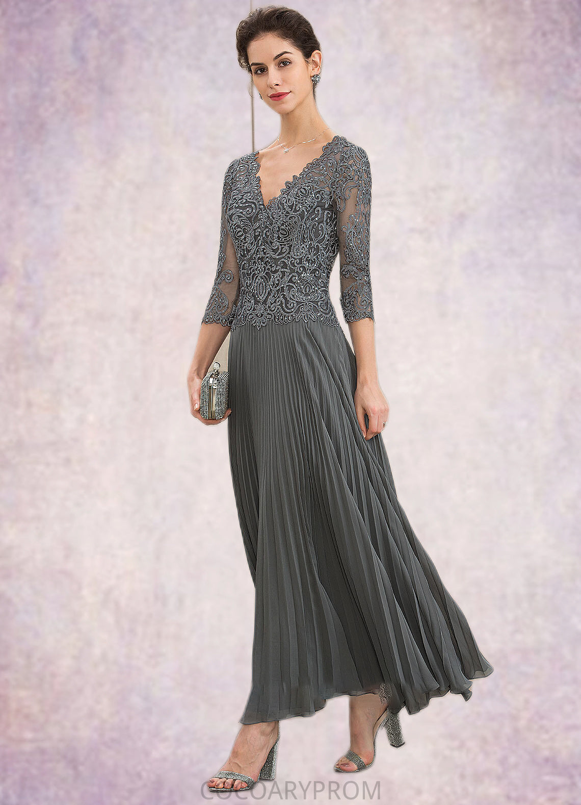 Charlotte A-Line V-neck Ankle-Length Chiffon Lace Mother of the Bride Dress With Sequins Pleated DA8126P0014745