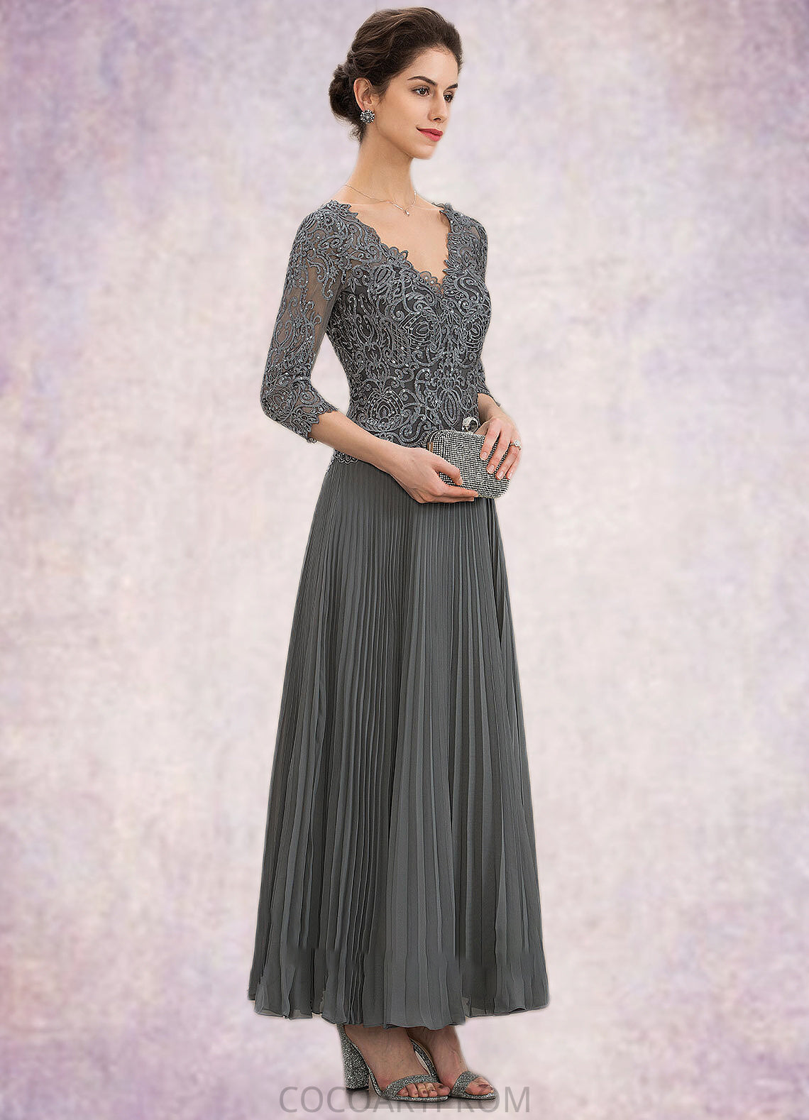 Charlotte A-Line V-neck Ankle-Length Chiffon Lace Mother of the Bride Dress With Sequins Pleated DA8126P0014745