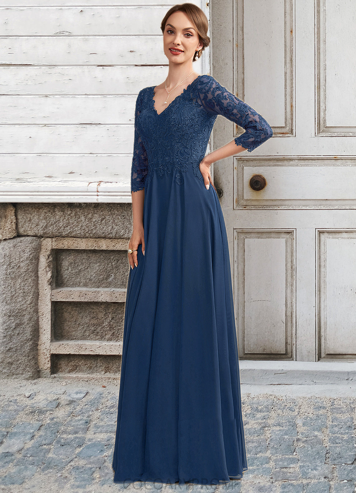 Ivy A-Line V-neck Floor-Length Chiffon Lace Mother of the Bride Dress DA8126P0014753